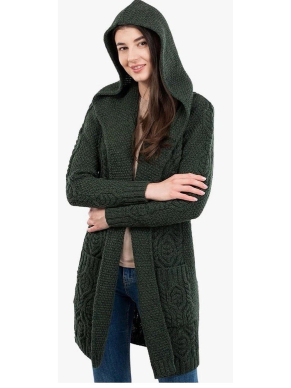 SAOL Womens 100% Merino Wool Irish Cardigan Aran Long Cable Knit Green XXL - Picture 2 of 10